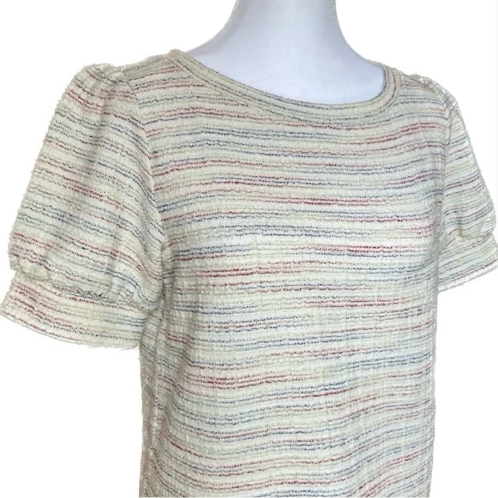 LOFT Rainbow Tweed Striped Textured Blouse Sweater Shirt Cream Pink Blue Green